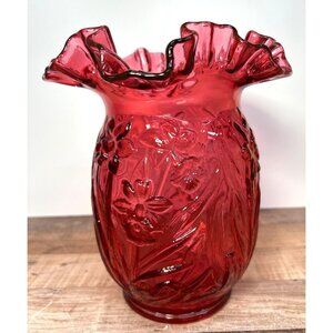 Fenton Cranberry Daffodil Vase Art Glass Pink Vintage Large 8" Ruffled Rim